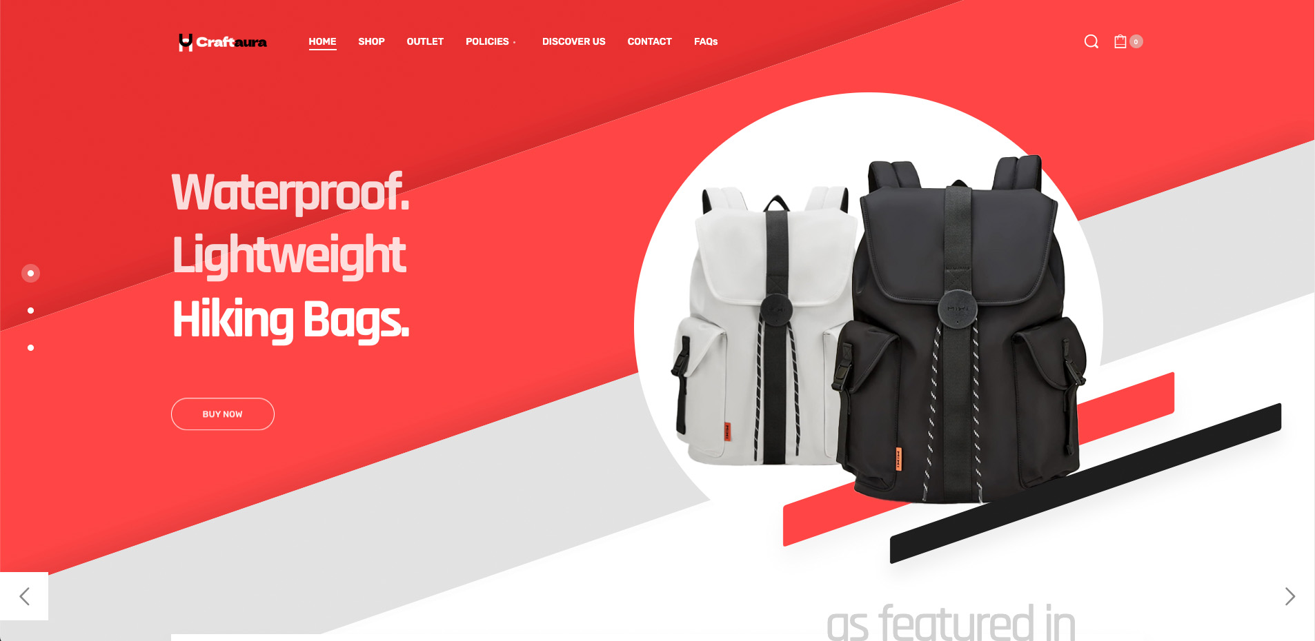 CraftAura homepage slider featuring waterproof lightweight hiking bags