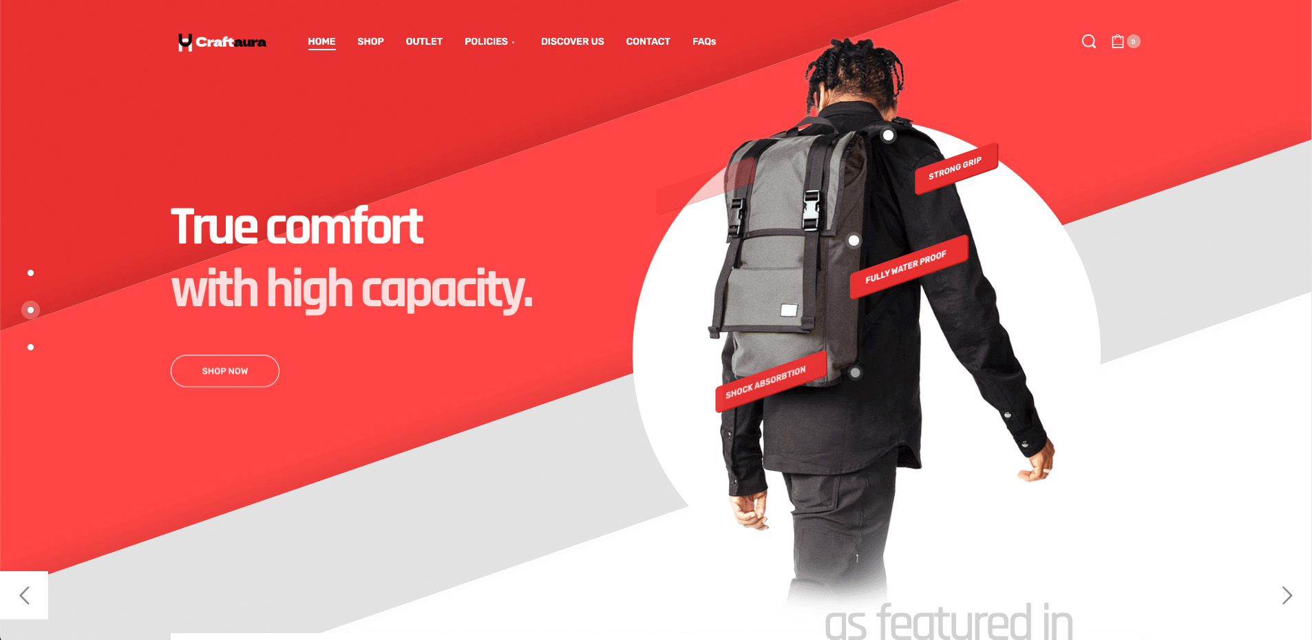 CraftAura homepage slider featuring high capacity backpack